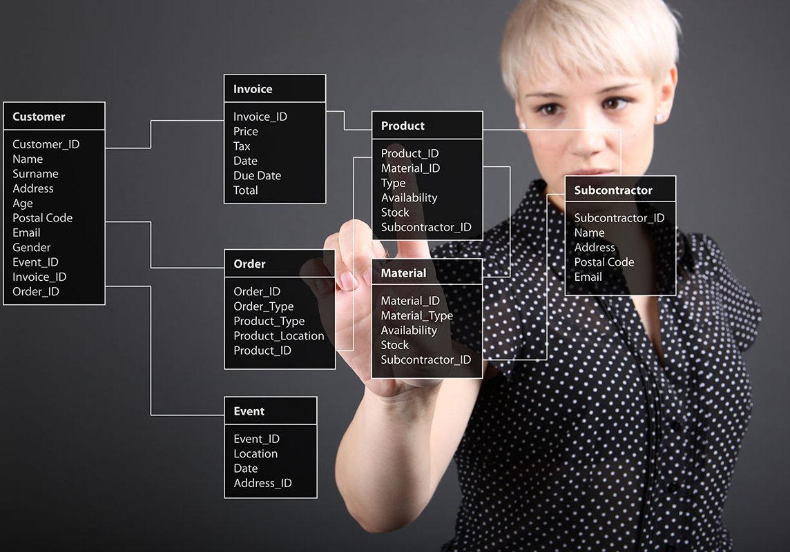 Database Table - technical concept, girl pointing screen Database Table - technical concept, girl pointing screen